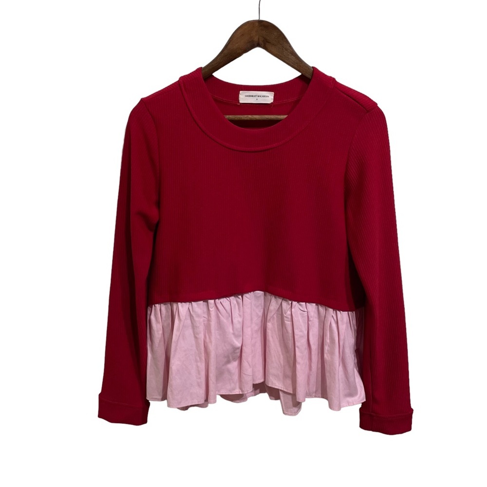 Goodnight Macaroon Women's Long Sleeve Ruffled Hem Shirt Red Pink

Size‎ Small